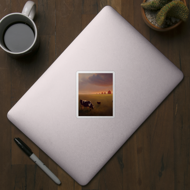 Mother and Baby Cow on Farmstead at Sunset by ichewsyou